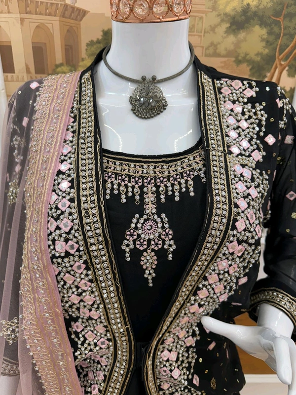 Trendy Gown With Koti and Dupatta Set - Black, L