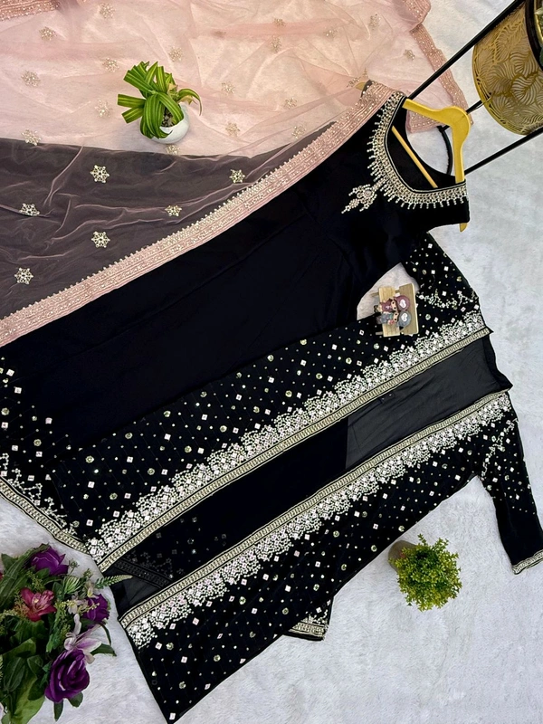 Trendy Gown With Koti and Dupatta Set - Black, L