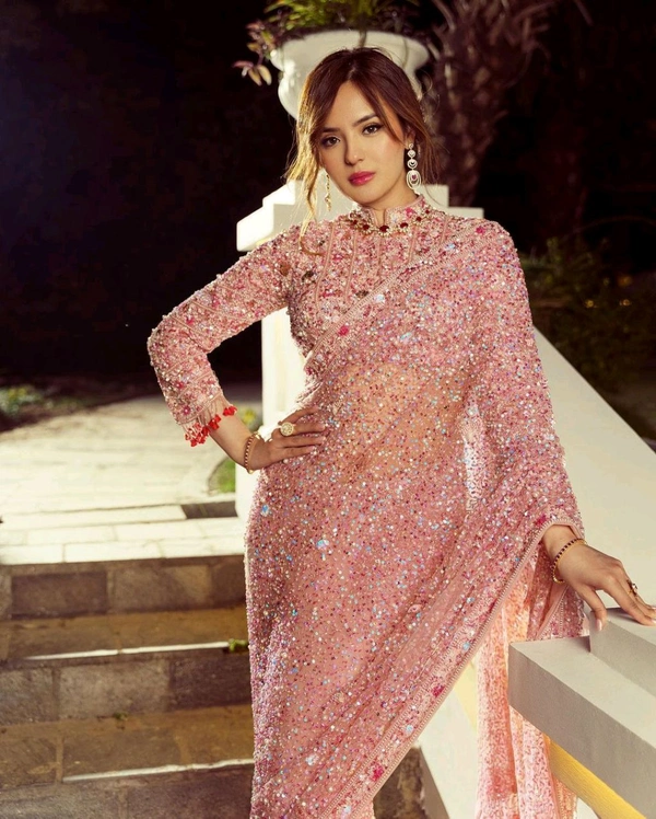Celebrity Style Sequence Work Saree With Blouse