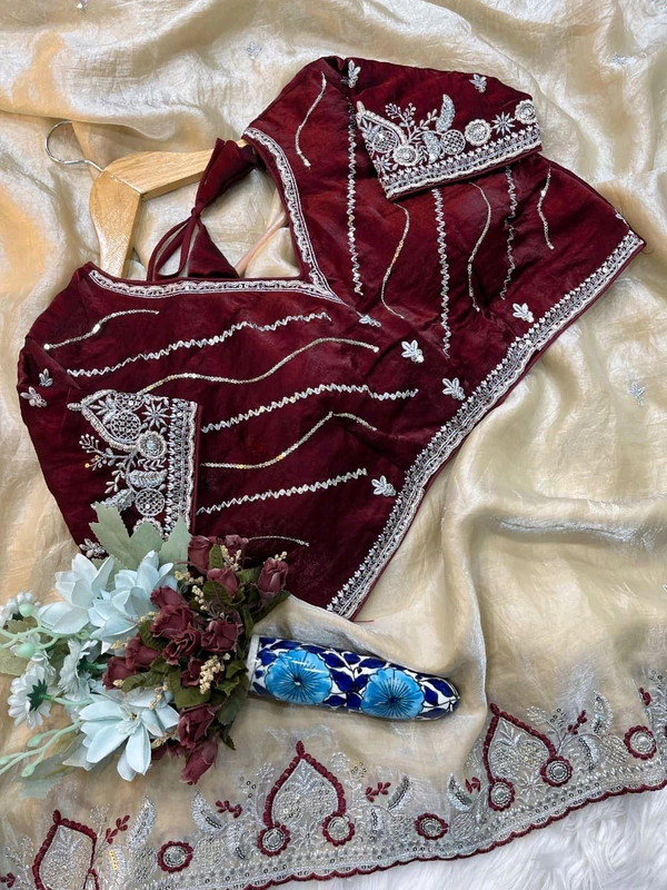 Beautiful Partywear Sequence Work Saree With Stiched Blouse