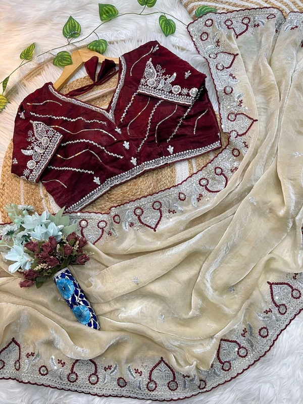 Beautiful Partywear Sequence Work Saree With Stiched Blouse