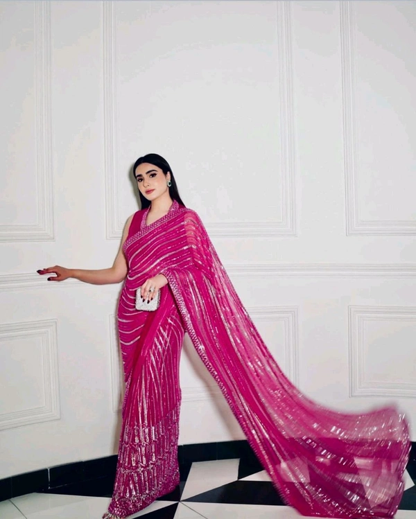 Designer Pink Color Sequence Work Saree With Blouse Piece