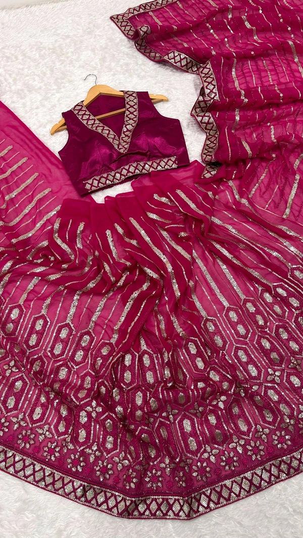 Designer Pink Color Sequence Work Saree With Blouse Piece