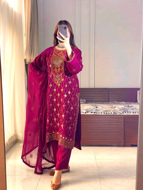 Designer Faux Georgette Kurti Pant Set with Embroidered Dupatta for Women - M