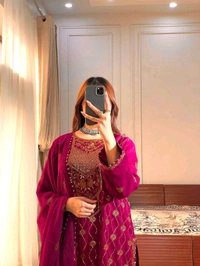 Designer Faux Georgette Kurti Pant Set with Embroidered Dupatta for Women - M