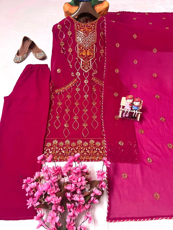 Designer Faux Georgette Kurti Pant Set with Embroidered Dupatta for Women - M