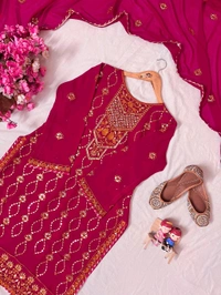 Designer Faux Georgette Kurti Pant Set with Embroidered Dupatta for Women - M