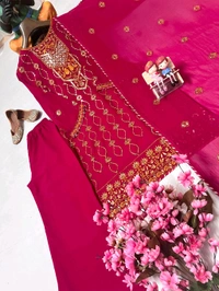 Designer Faux Georgette Kurti Pant Set with Embroidered Dupatta for Women - M