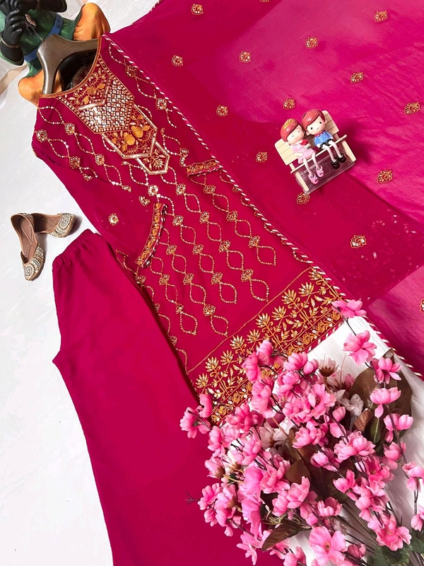 Designer Faux Georgette Kurti Pant Set with Embroidered Dupatta for Women - M