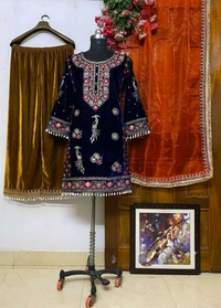 Embroidered Velvet Kurti Plazzo Set for Women - Free Size Upto 44inch