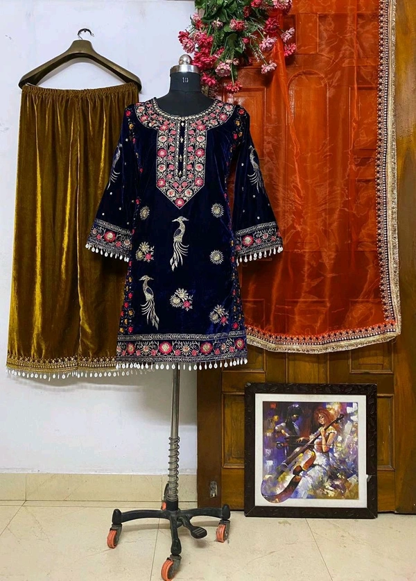 Embroidered Velvet Kurti Plazzo Set for Women - Free Size Upto 44inch