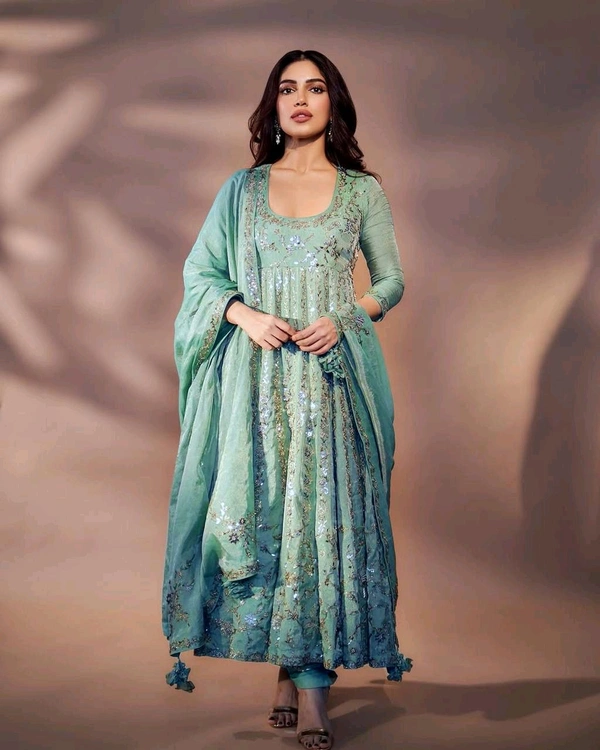 Bhumi Pednekar Style Party Wear Chinon Silk Anarkali Gown Set with Dupatta - Free Size Upto 44inch