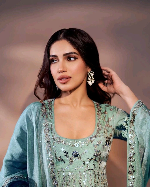 Bhumi Pednekar Style Party Wear Chinon Silk Anarkali Gown Set with Dupatta - Free Size Upto 44inch