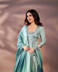 Bhumi Pednekar Style Party Wear Chinon Silk Anarkali Gown Set with Dupatta - Free Size Upto 44inch