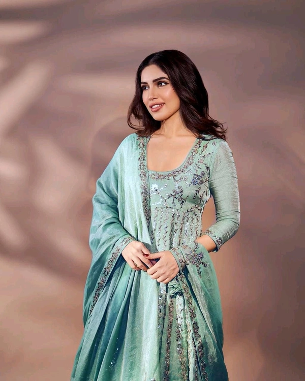 Bhumi Pednekar Style Party Wear Chinon Silk Anarkali Gown Set with Dupatta - Free Size Upto 44inch