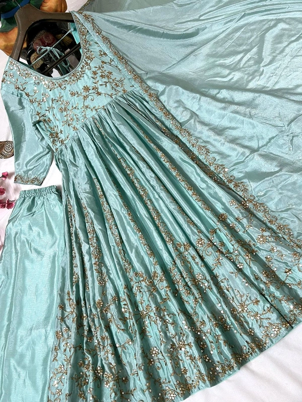 Bhumi Pednekar Style Party Wear Chinon Silk Anarkali Gown Set with Dupatta - Free Size Upto 44inch