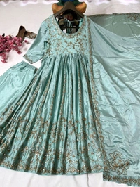 Bhumi Pednekar Style Party Wear Chinon Silk Anarkali Gown Set with Dupatta - Free Size Upto 44inch