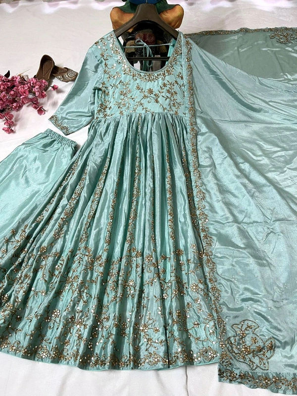 Bhumi Pednekar Style Party Wear Chinon Silk Anarkali Gown Set with Dupatta - Free Size Upto 44inch