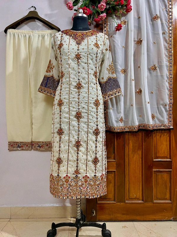 Elegant Georgette Kurti Pant Dupatta Set – Fully Stitched for Women - M With L Margin