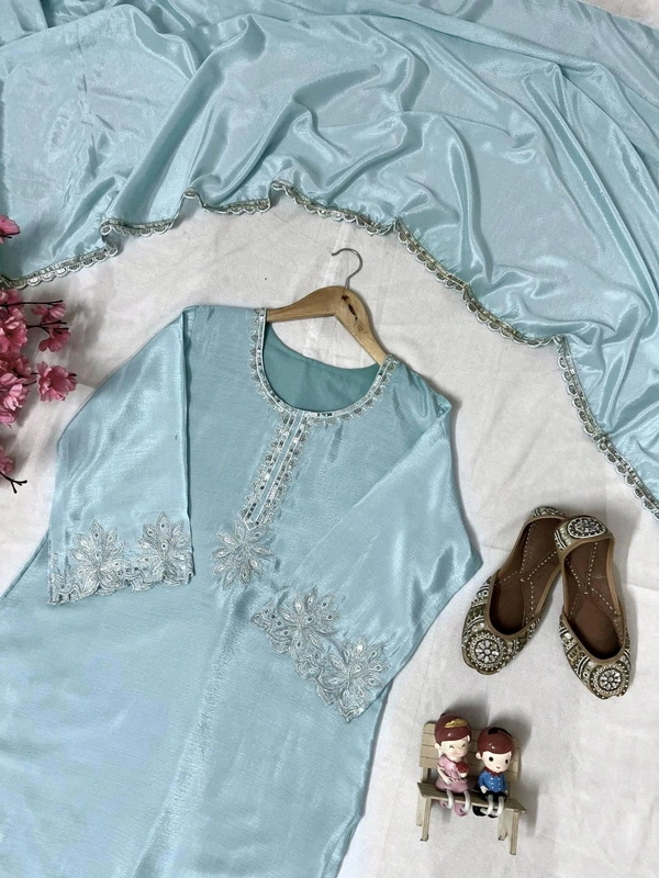 Chinon Silk Kurti Pant Set with Dupatta Set - M