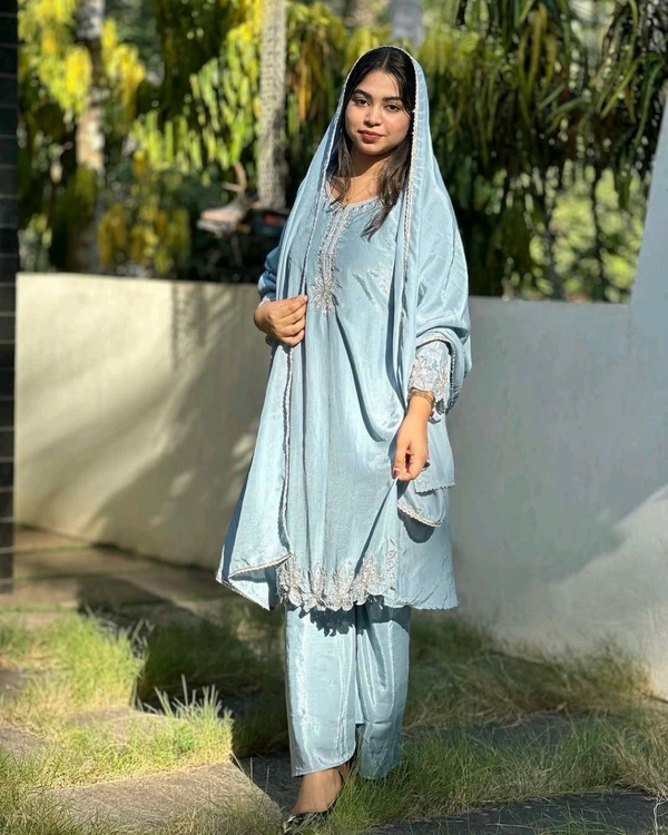 Chinon Silk Kurti Pant Set with Dupatta Set - XXL