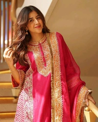 Designer Chinon Silk Kurti Plazzo Set with Embroidered Dupatta for Women - Free Size Upto 44inch