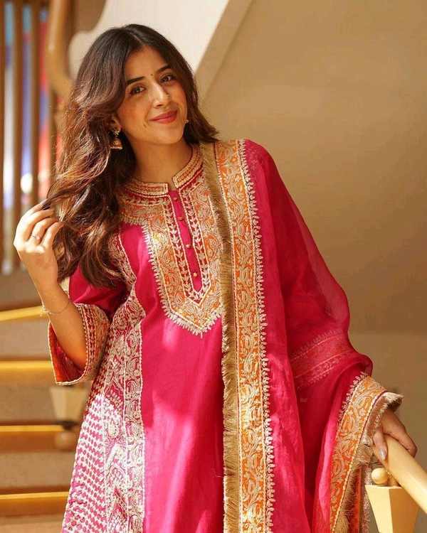 Designer Chinon Silk Kurti Plazzo Set with Embroidered Dupatta for Women - Free Size Upto 44inch