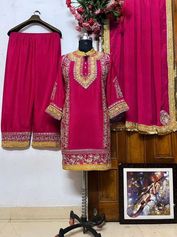 Designer Chinon Silk Kurti Plazzo Set with Embroidered Dupatta for Women - Free Size Upto 44inch