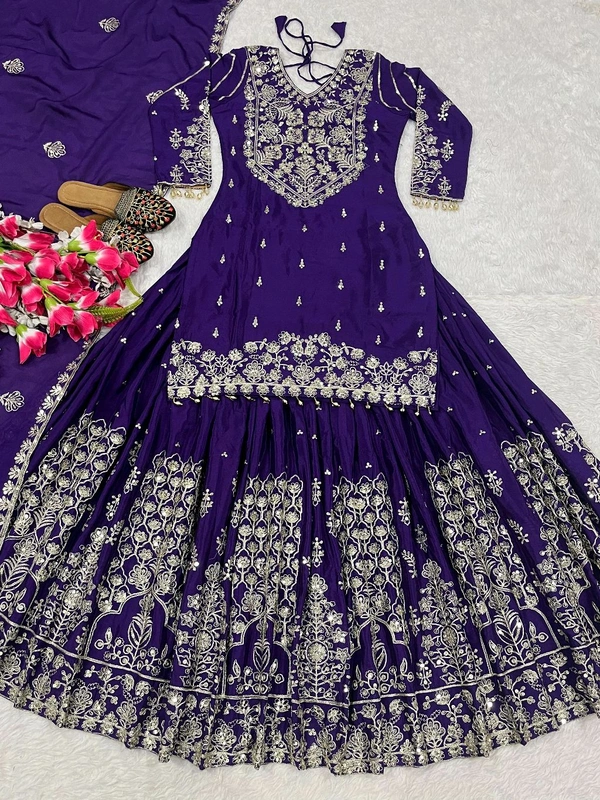 Heavy Chinon Silk Readymade Indo Western Lehenga - XL