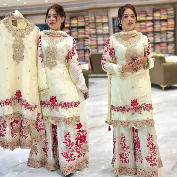 Designer Chinon Silk Heavy Sharara Suit - M