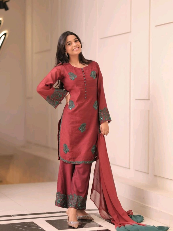 Partywear French Crepe Silk Suit - XXL