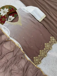 Partywear Embroidery Work Double Shades Plazzo Suit - Brown, M