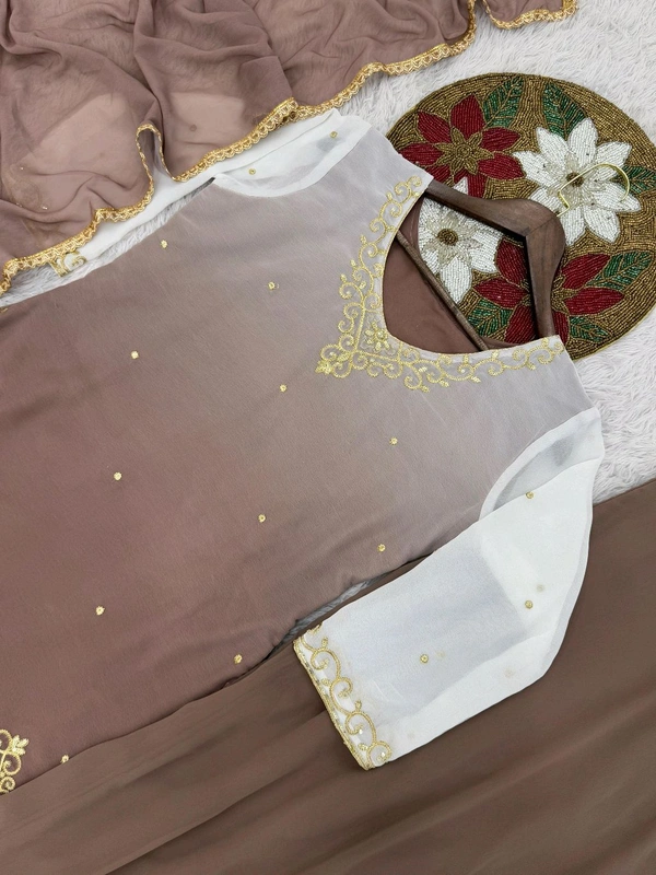 Partywear Embroidery Work Double Shades Plazzo Suit - Brown, M