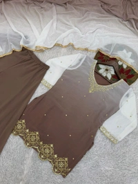 Partywear Embroidery Work Double Shades Plazzo Suit - Brown, XL