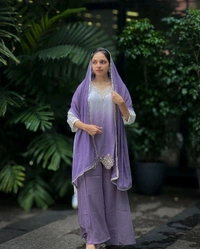 Partywear Embroidery Work Double Shades Plazzo Suit - Purple, XXL