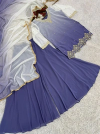 Partywear Embroidery Work Double Shades Plazzo Suit - Purple, XXL