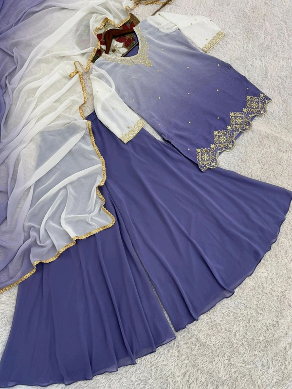 Partywear Embroidery Work Double Shades Plazzo Suit - Purple, XXL