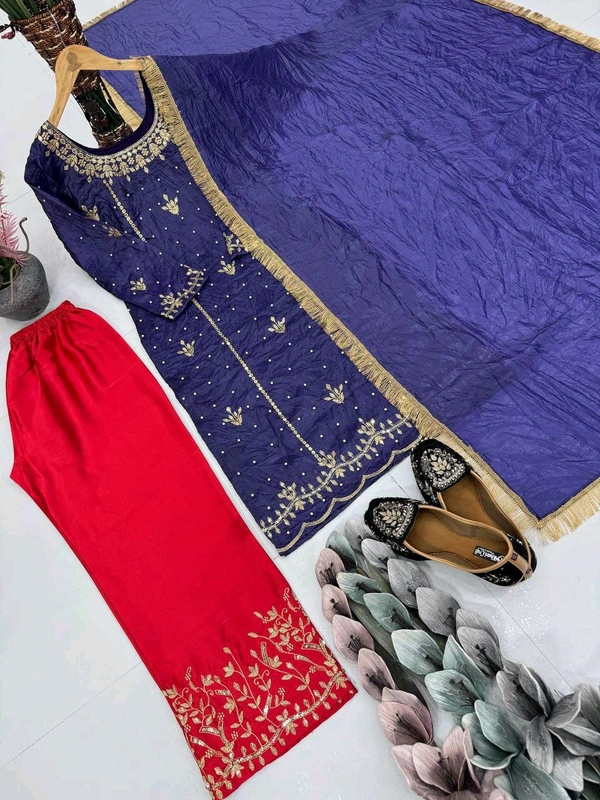 Heavy Gold Crush Fancy Kurta Pant Dupatta Set - M