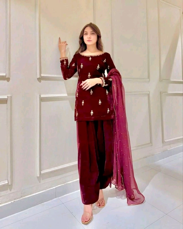 Maroon Color Partywear Velvet Suit - XL