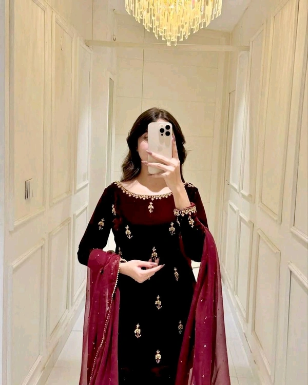 Maroon Color Partywear Velvet Suit - XL