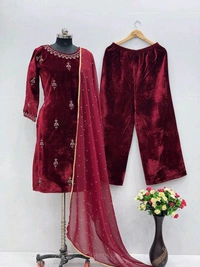 Maroon Color Partywear Velvet Suit - XXL