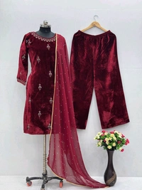 Maroon Color Partywear Velvet Suit - XXL