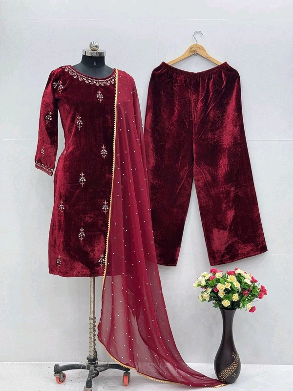 Maroon Color Partywear Velvet Suit - XXL