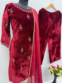 Maroon Color Partywear Velvet Suit - XXL