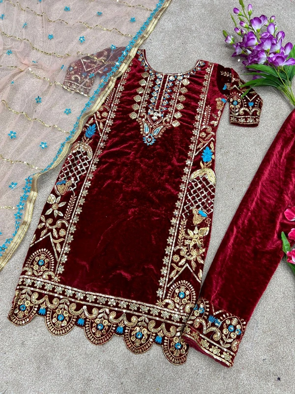 New Design Heavy Viscose Velvet Suit - Maroon, M