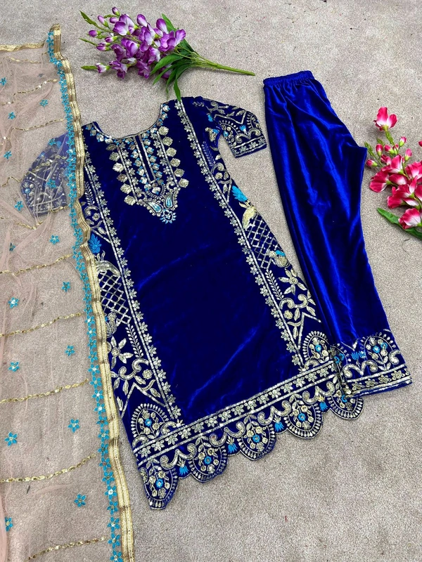 New Design Heavy Viscose Velvet Suit  - Blue, L