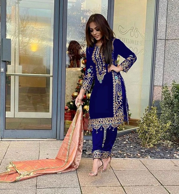 New Design Heavy Viscose Velvet Suit  - Blue, XXL