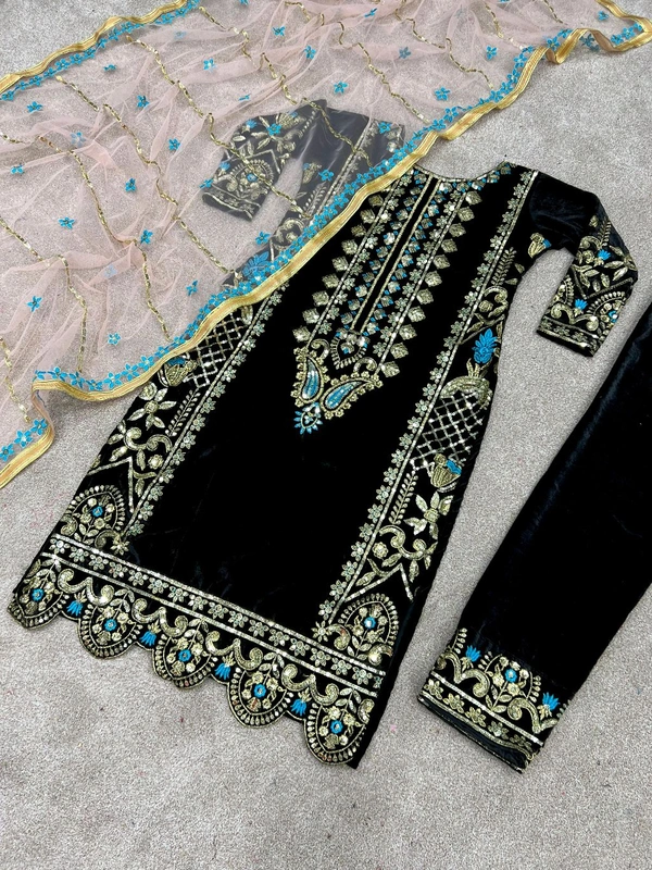 New Design Heavy Viscose Velvet Suit  - Black, XXL