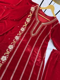 Handwork Fully Embroidery Velvet Suit - L