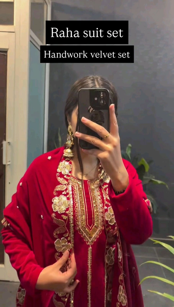 Handwork Fully Embroidery Velvet Suit - XL